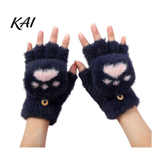 Practical Gift for Winter Furry Cat Paw Thermal Gloves, Flip Top Mitten with Button Women, Half Finger Writing Gloves Students Plush Cute Bear