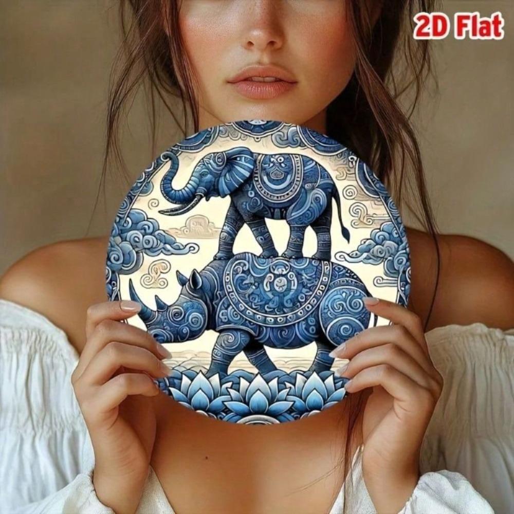 Metal Wall Art Vintage Rhinoceros Elephant Round 8x8 Inch Living Room Decor