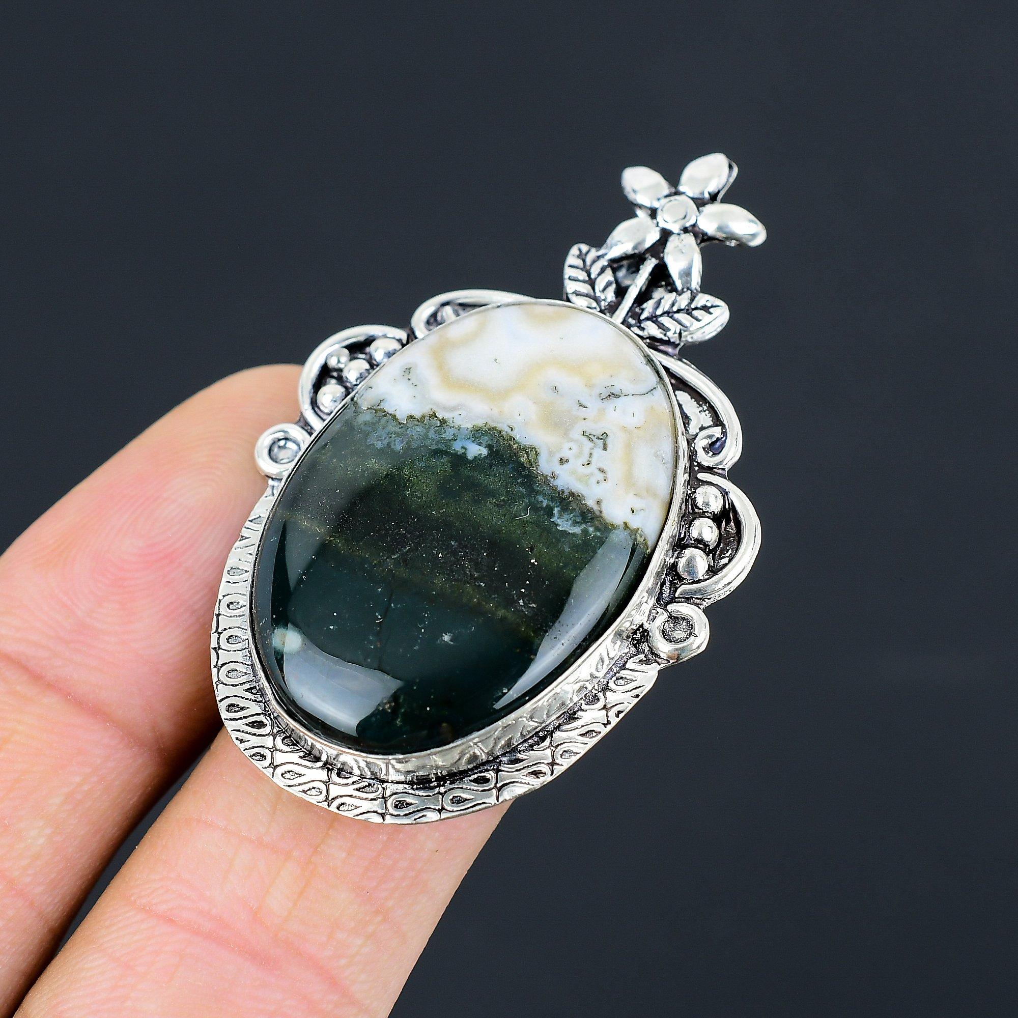925 Sterling Silver Oval Ocean Jasper Stone Flower Solitaire Ring Jewelry Size 6 6