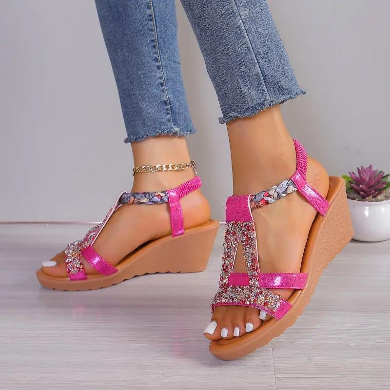 2024 Hot Selling Women's Shoes Summer Wedge Bohemian Rhinestone Casual Thick Soled Sandals Women's Open Toe Outdoor Beach Shoes