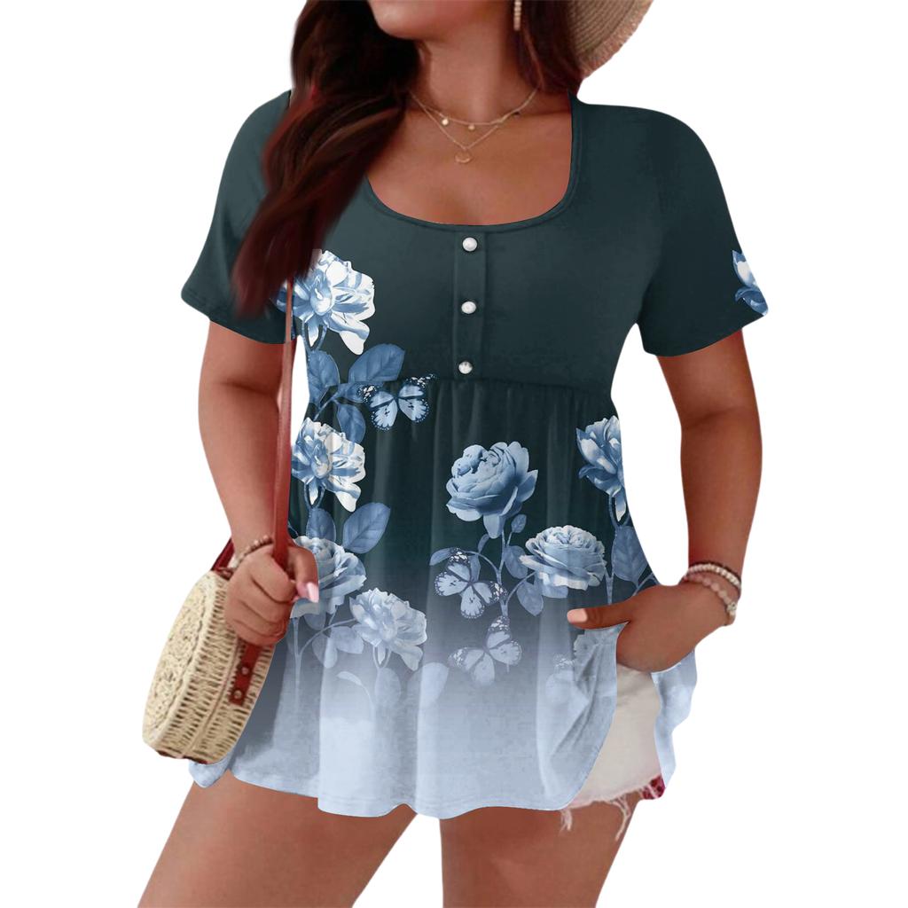 Women's Fashionable Casual Short Sleeve Loose Fit Button Front Printed Blouse