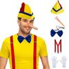 Costume da Burattino, Cappelli Naso Lungo Bretelle Cravatta Guanti Personaggi da Libro di Fiabe Costumi Halloween Cosplay Costumi Adulti