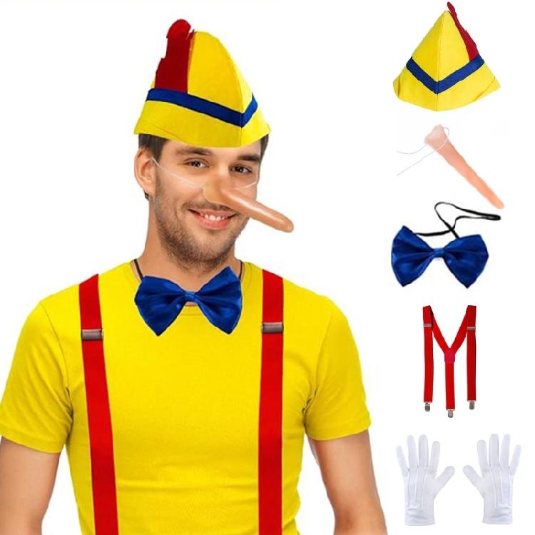 Costume da Burattino, Cappelli Naso Lungo Bretelle Cravatta Guanti Personaggi da Libro di Fiabe Costumi Halloween Cosplay Costumi Adulti