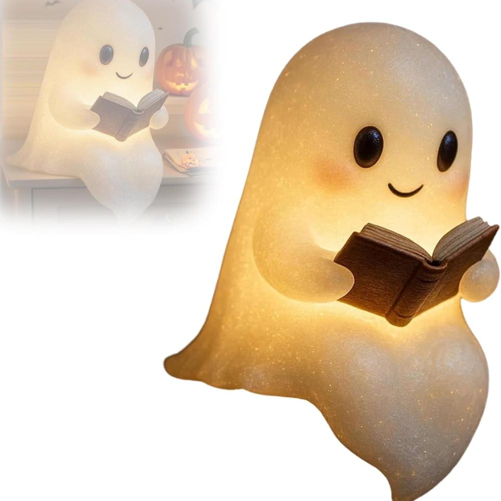 Ghost Reading Book Lamp, Halloween Light Up Ghost Statue Night Light House Mantel Decor for Home, Light Up Halloween Decor, for Bedroom Study Room