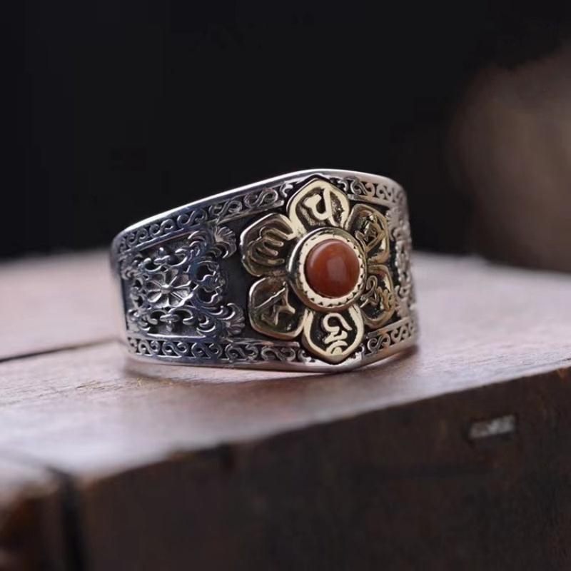 Buyee Copper Female Ring Natural Carnelian Open Ring For Women Fashion Ethnic Flower Fine Jewelry Circle Gift