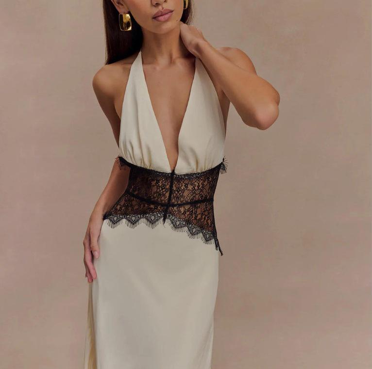 2025 Summer Elegant Deep V Silk Satin Halter Waist-Cinching Long Dress