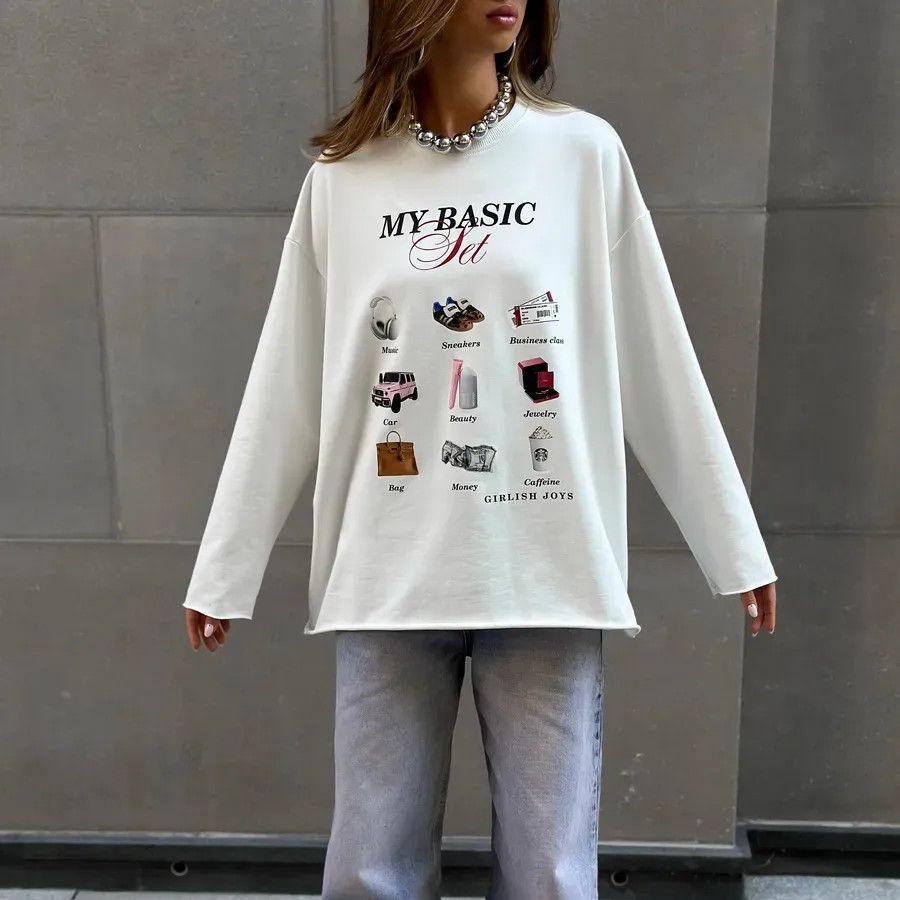 2025 Early Autumn Trendy Loose-Fit Long-Sleeve T-Shirt for Women - European & American Style, Pure Cotton, Fun Print