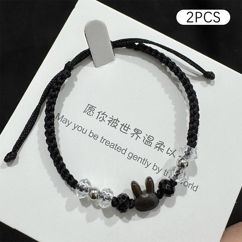 2Pcs Cute Cat Pendant Hand Woven Bracelets  Versatile Women Daily Vacation Wearing Jewelry Gift