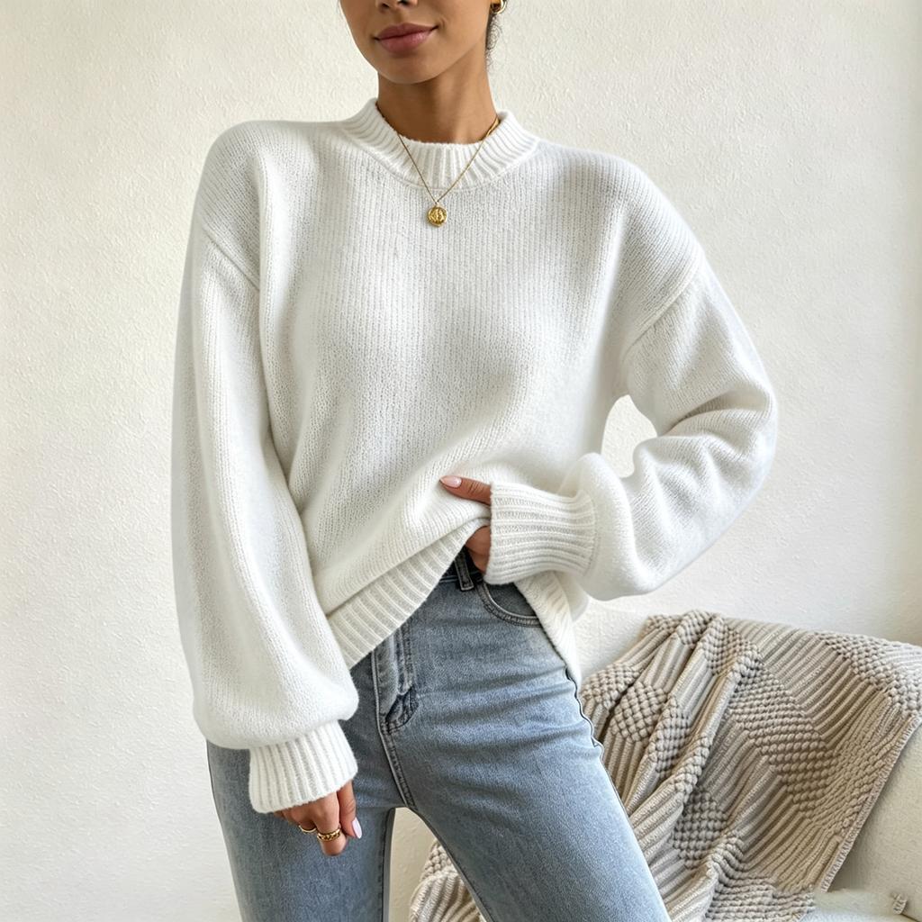 Women's Casual Color Mock Neck Long Sleeve Pullover Sweater Knit Top