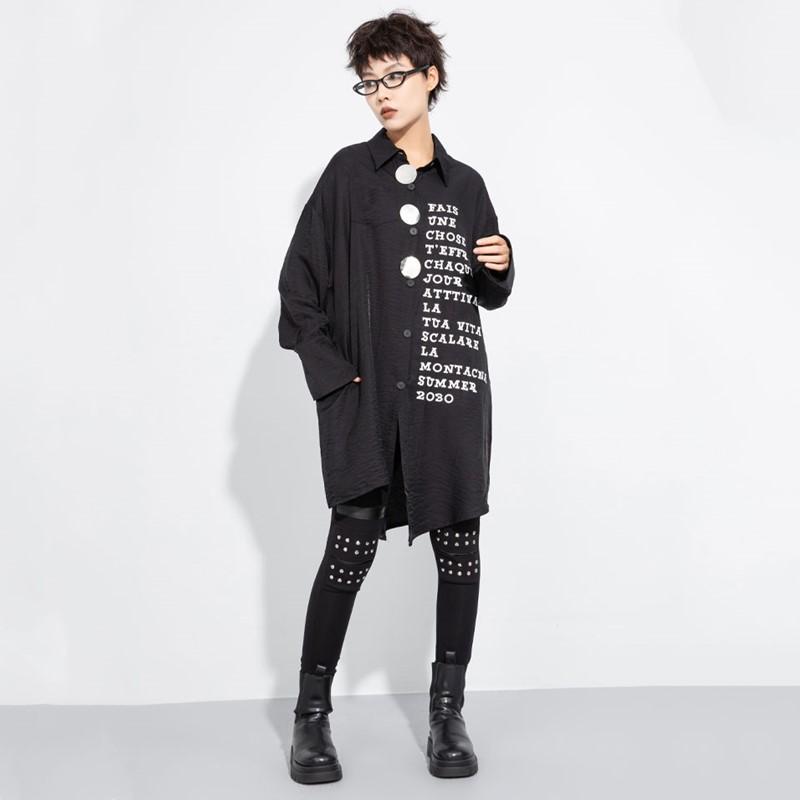 Übergroße Vintage-Langarmblusen in Schwarz für Damen, lässige, lockere Frühlings-Herbst-Oberteile, Button-up-Hemd