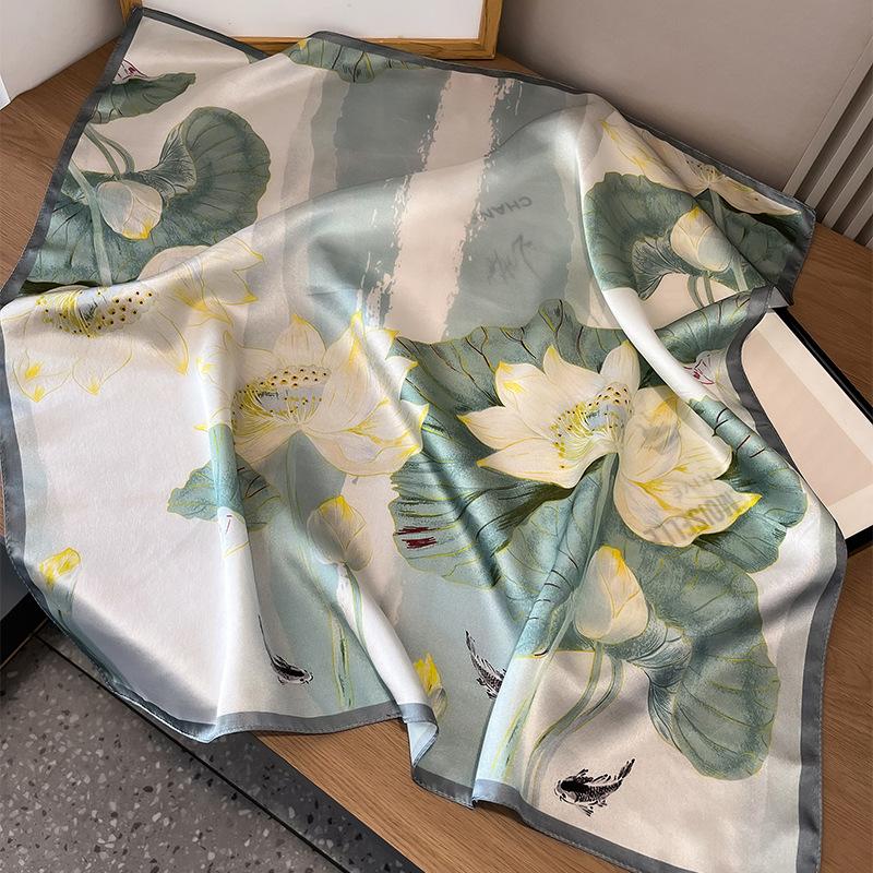 100% mulberry silk retro green lotus plain silk scarf Hangzhou plain crepe satin square scarf versatile decorative scarf 66