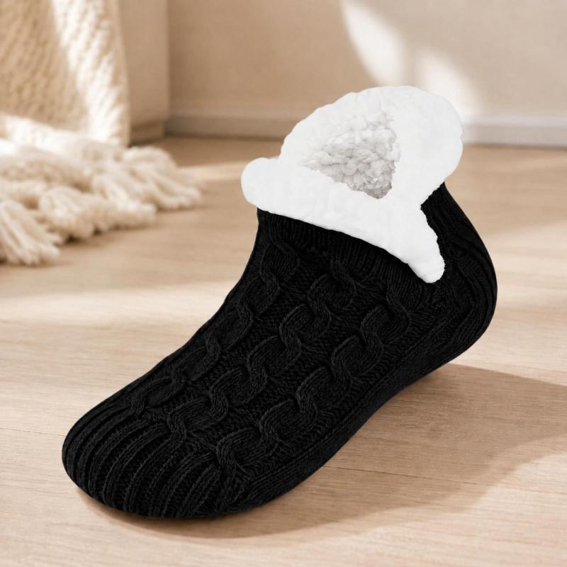 Warm Indoor Floor Socks with Cable Texture, Plush Lining and Traction Dots for Walking Around the Home in Cool Weather
