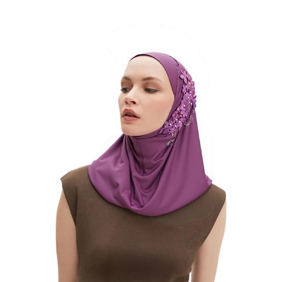 Women Solid Color Lace Rhinestone Muslim Hijab Wrap Islamic Scarf Cap Head Cover