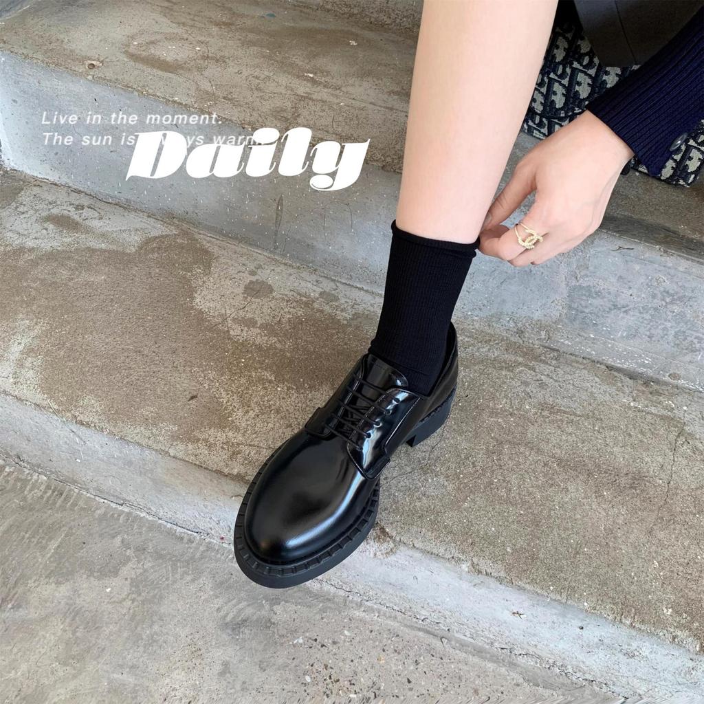 Cowhide Version~ Grape Mother Same British Style Lace-up Loafers Oxford Shoes Thick Heel Thick Sole Derby Small Leather Shoes Women