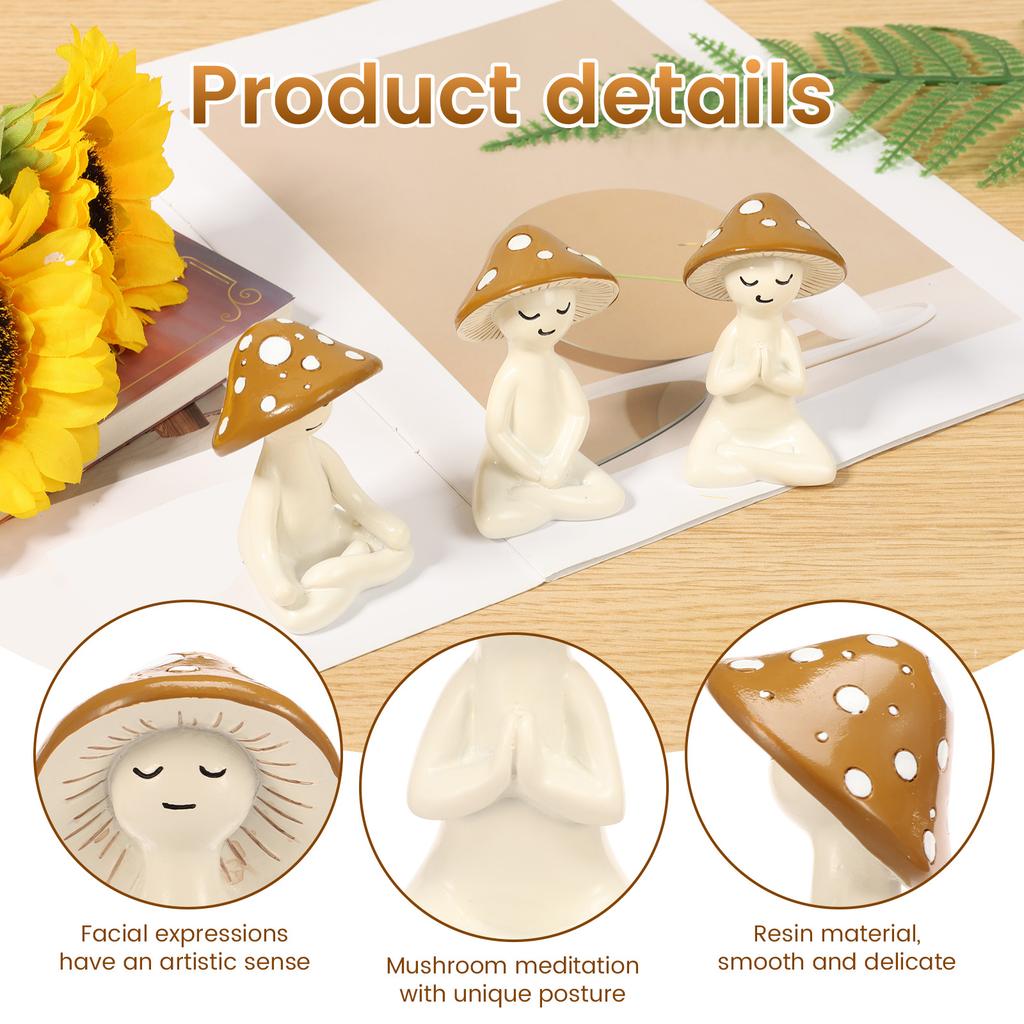 3Pcs Yoga Mushroom Statues Cute Small Resin Yoga Mushroom Figurines Tabletop Ornaments for Garden Patio Home Office Decoration