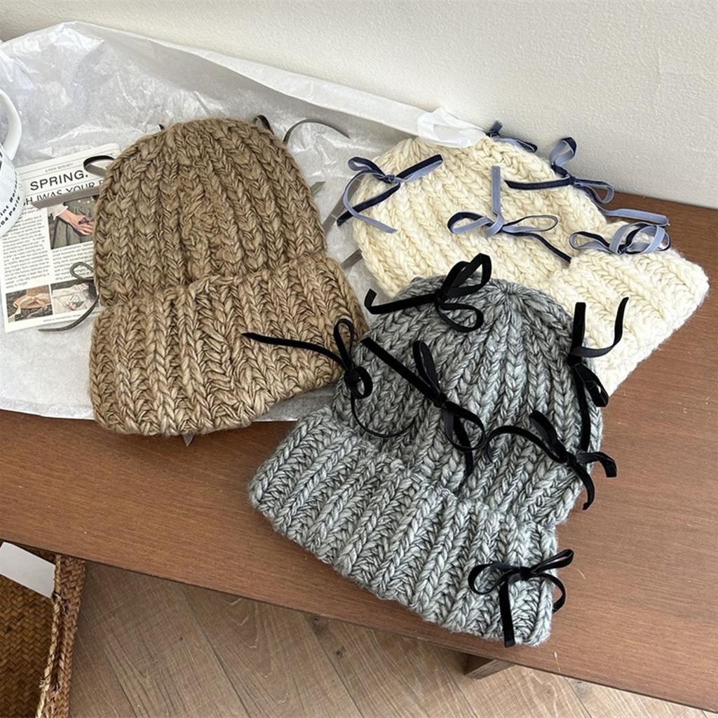Delicate Velvet Bowknot Beanie Adult Elastic Hat Winter Warmer Knitted Hat Cold Winter Presents for Students Teenagers