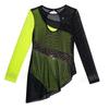 Kids Girls Gymnastics Competition Costume: Sheer Mesh Patchwork Long Sleeve Leotard with Color Block & Sparkling Rhinestones