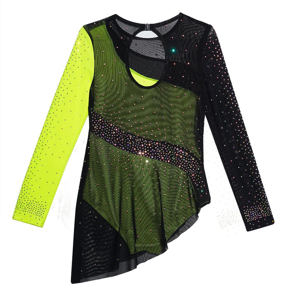 Kids Girls Gymnastics Competition Costume: Sheer Mesh Patchwork Long Sleeve Leotard with Color Block & Sparkling Rhinestones