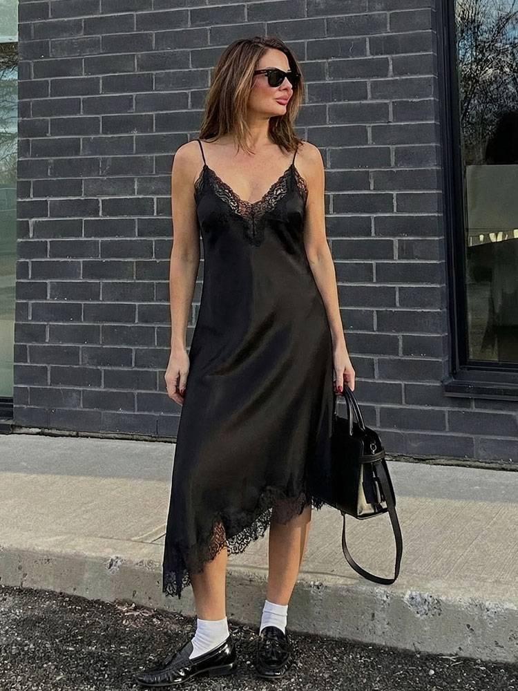 Vestito Canotta in Raso di Seta con Bordino in Pizzo Autunnale - Abbigliamento Donna Stile Europeo e Americano