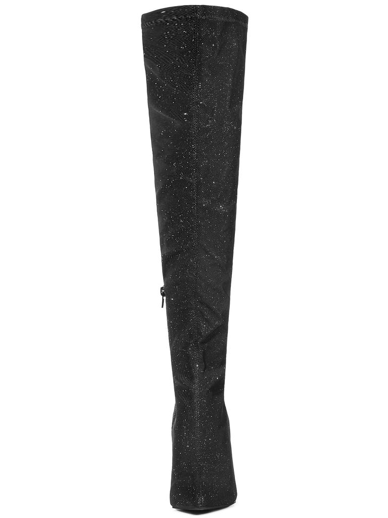 Allegra K Glitter Knee-High Boots, Pointed Toe, Stiletto Heel, Women's, Black, Size 25.5cm