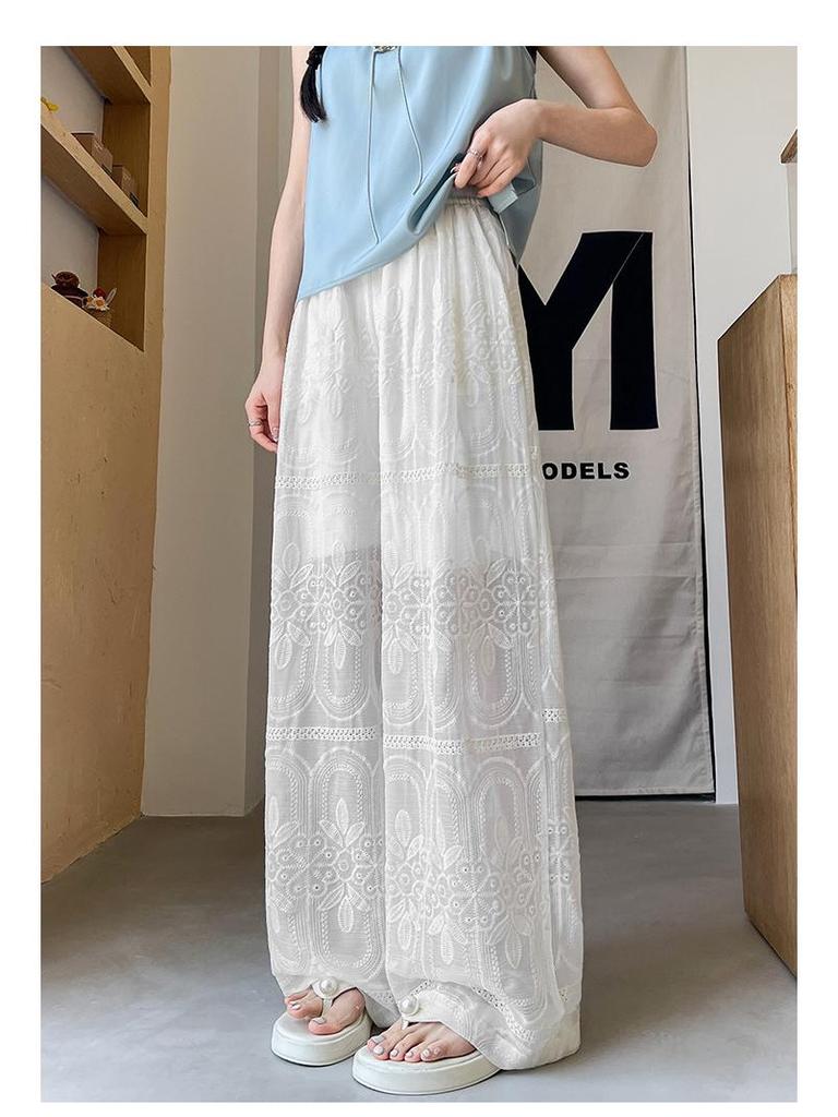 White Summer Lace Jacquard Embroidered Wide-Leg Pants for Tall Women