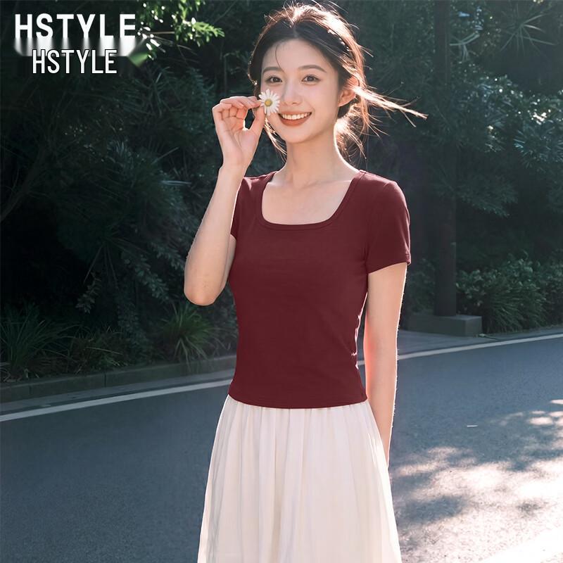 Women s Square Neck Short Sleeve T-Shirt Crop Top S вино красного
