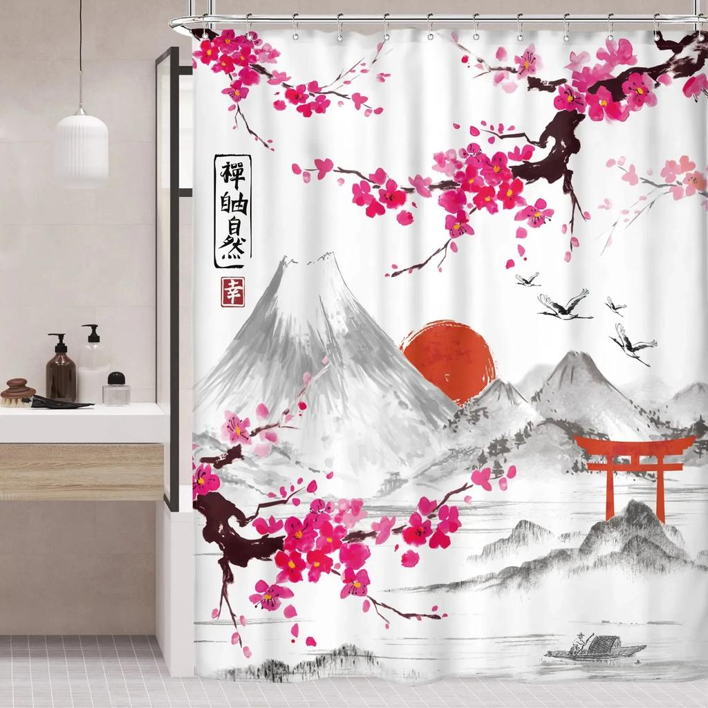 Japanese Style Shower Curtain Koi Fish Cherry Blossom Sun Sea Wave Octopus Landscape Polyester Fabric Curtains Bathroom Decor