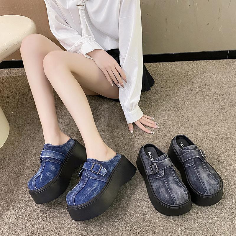 Denim big head muffin shoes women's 2024 summer retro belt buckle thick bottom cool slippers women's bag head half slippers