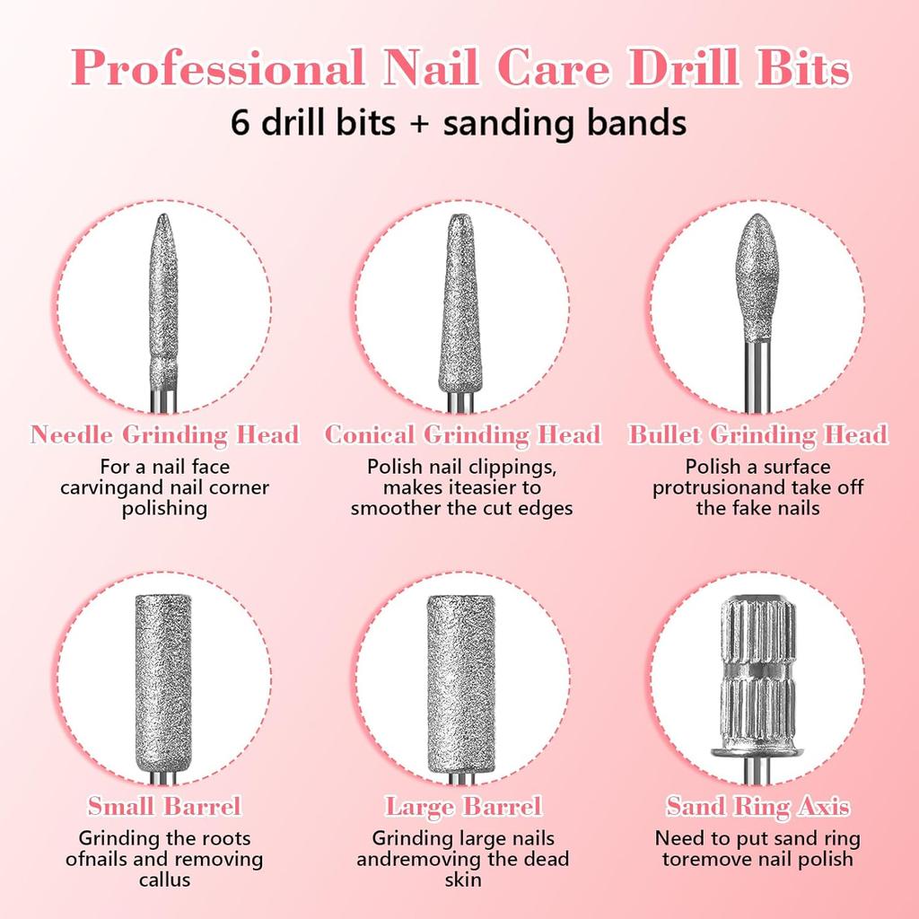 12Pcs Nail Drill Bits Set,Professional Nail Art Tools Set for Acrylic Art,with 6 Pcs Sanding Bands for Manicure & Pedicure Crystal Nail Files,Perfect