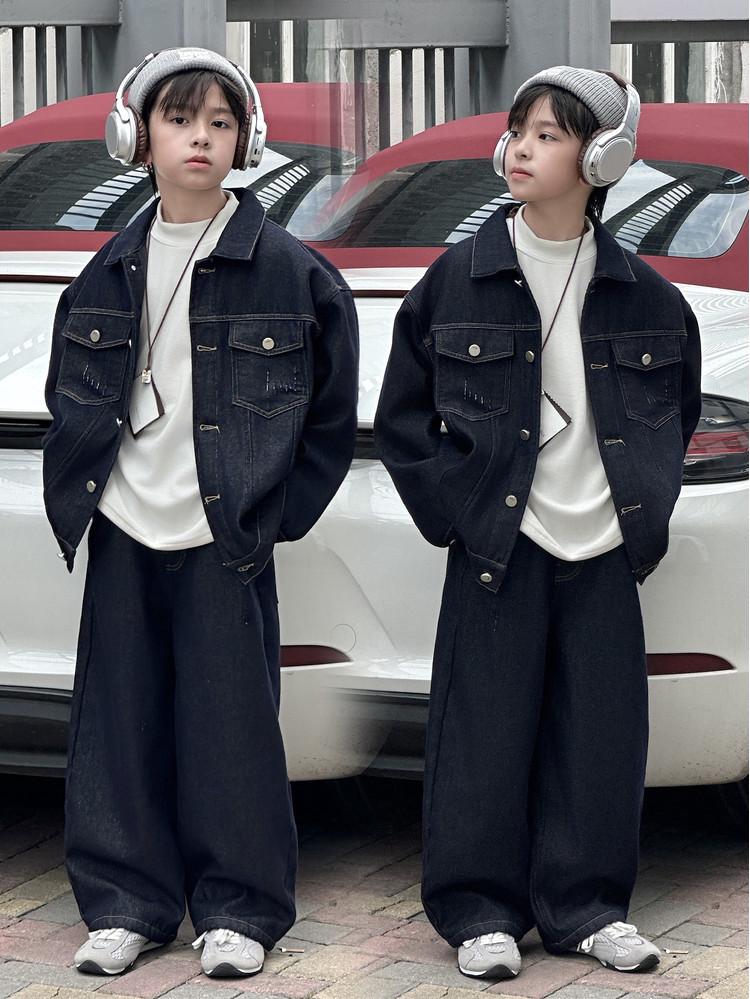 Boys' Preppy Style Denim Two-Piece: Warm Fleece-Lined Coat & Pants - 2025 Autumn/Winter Collection