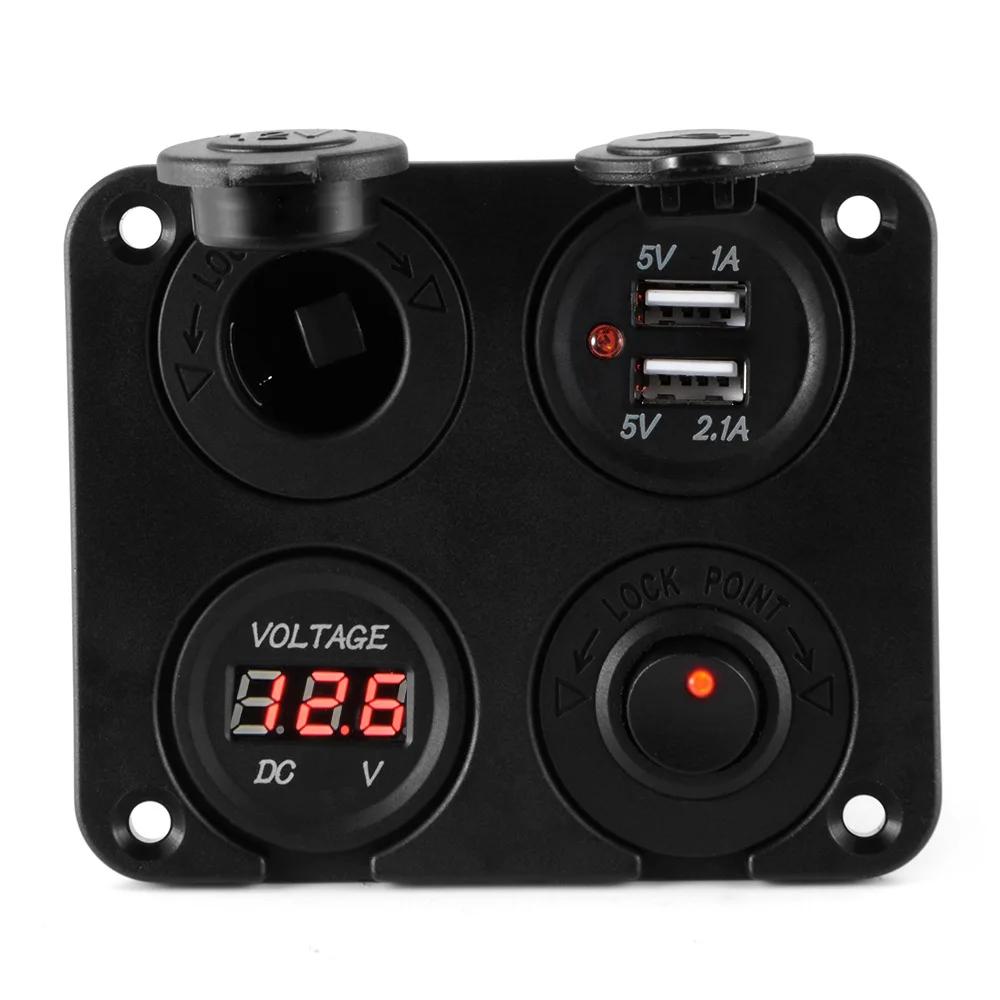4 in 1 Panel 3.1A Dual USB Car Charger Power Outlet LED Voltmeter Cigarette Lighter Socket Toggle Switch for Truck Car Marine