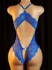 One-piece Blue Crotchless Bodysuits Sexy Women Open Bra Lingerie Sleeveless Deep V Transparent  Babydoll Dress backless Bodysuit