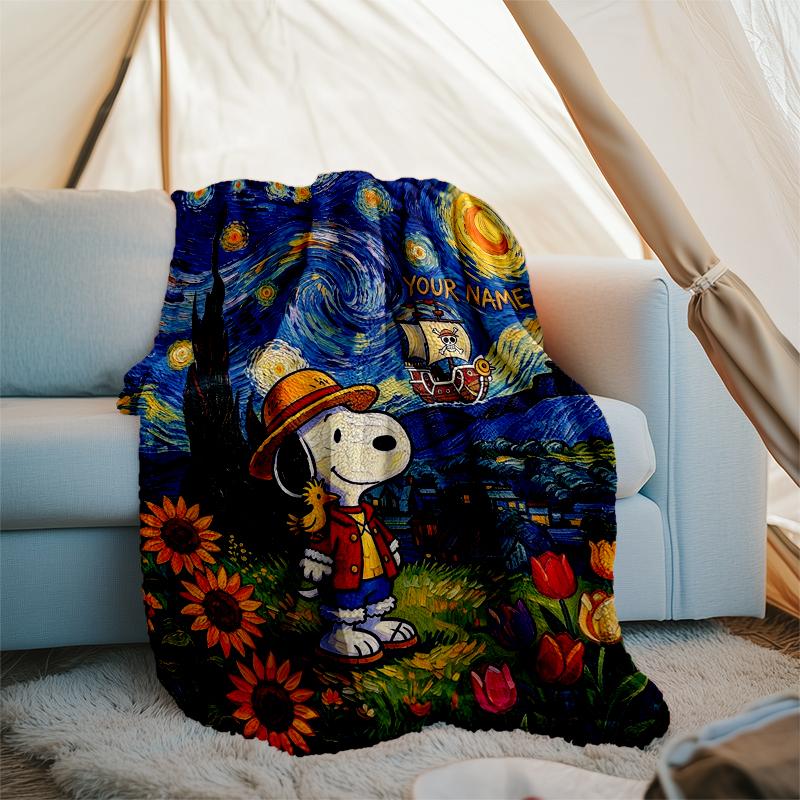 Custom Name Snoopy Flannel Fleece Blanket Cozy Warm Throw Blanket For Couch Bed Travel All Season Use