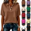 Womens Casual Short Sleeve Polo Shirt with Stitching Button Down Collar Loose Fit Pullover Top for Daily Wear