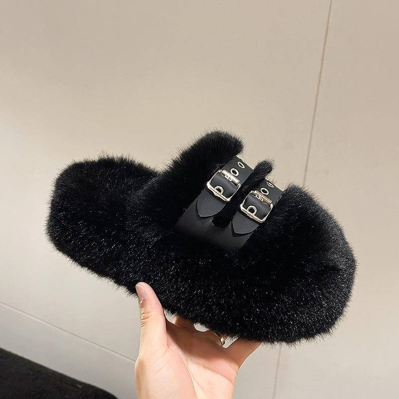 Women Furry Belt Buckle Slippers Winter Thick Sole Flats Ladies Casual Slip on Bedroom Slides Soft Outdoor Half Slippers