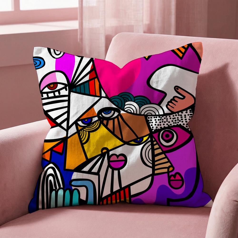 Colorful Abstract Faces Cushion Cover Multi-Scene Pillow Cover for Home & Car - Reversible, Soft & Durable for Daily Use