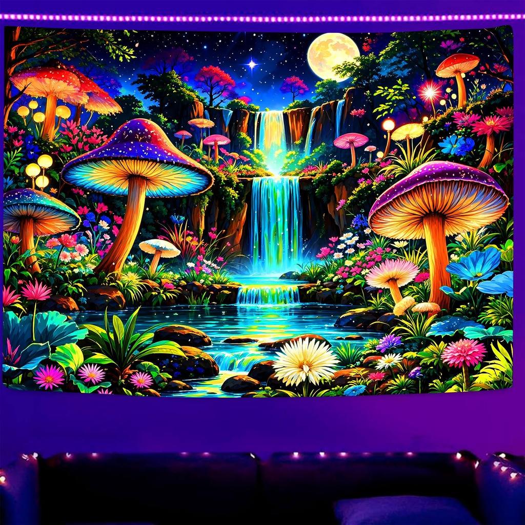 Ine Ive Blacklight Fantasy Mushroom Forest Tapestry Aesthetic UV Reactive Waterfall Tapestries 60x51Inch Moon Night Wildflower Plant Landscape Black
