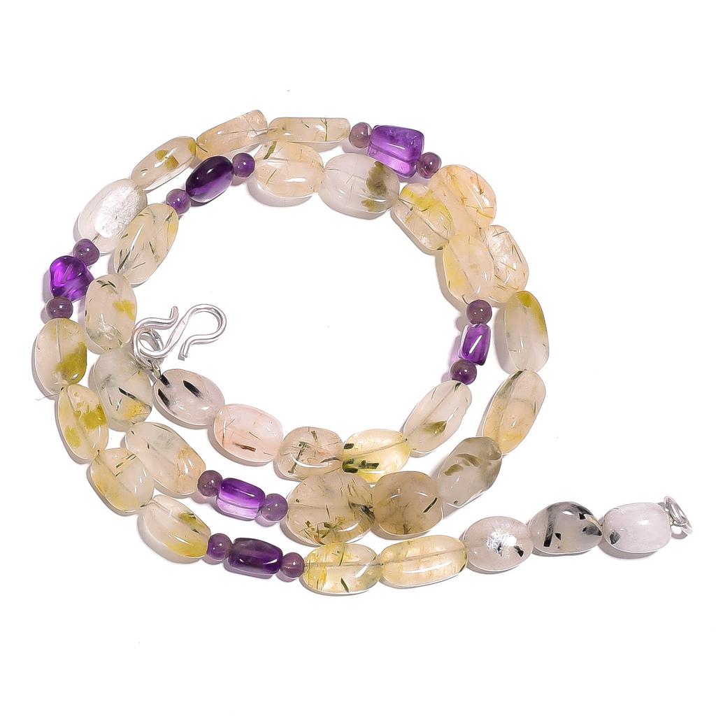 Přírodní Rutilový Křemen Ametyst Drahokam Směs Hladké Korálky Náhrdelník 17" UB-4147 UB-4147