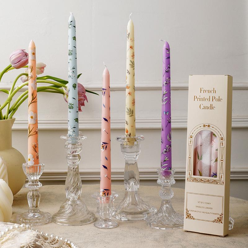 2PCS Long Candles Floral Printed Colored Taper Candle Lot Wedding Candles for Stylish Home Décor