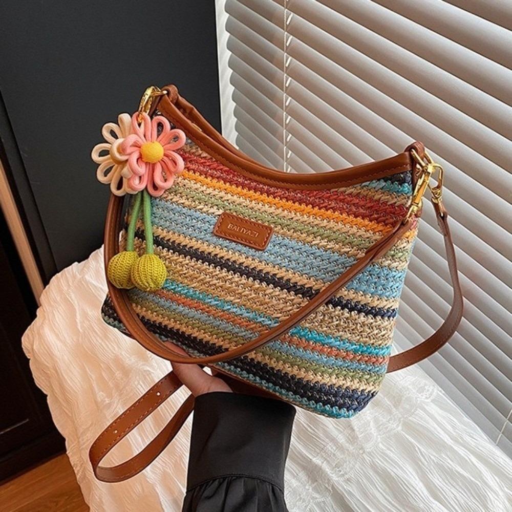 Large Capacity Woven Shoulder Bag Polyester Knit Hobo Bag Causal Straw Tote Bag  Vacation