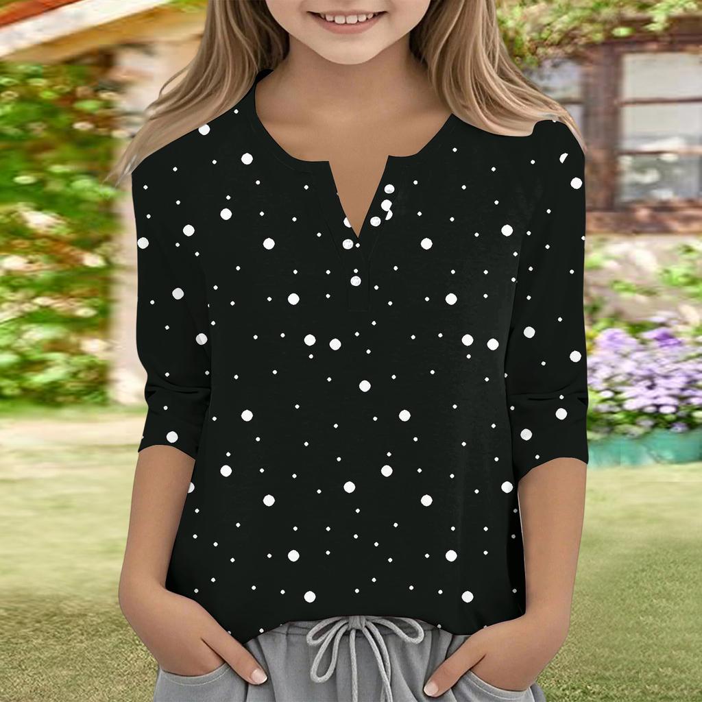 Print Tops For Youth Girls V Neck Button 3/4 Sleeves T-Shirts Trendy Tops Outfit Tees