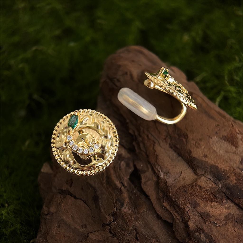 18K Gold-Plated S925 Silver Snake Stud Earrings with Retro Green Zircon