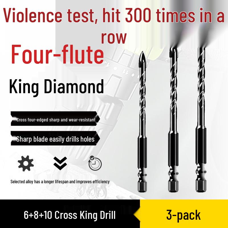 Impact Hex Shank Four-Blade Cross King Drill Bit for Concrete, Tile, and Glass