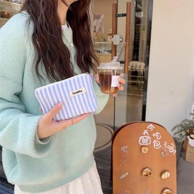 Pink Stripe Coin Bag Purse Women Coin Money Card Holder Simple Lipstick Cosmetic Bag Zipper Key Storage Pouch for Kid Girl Gift