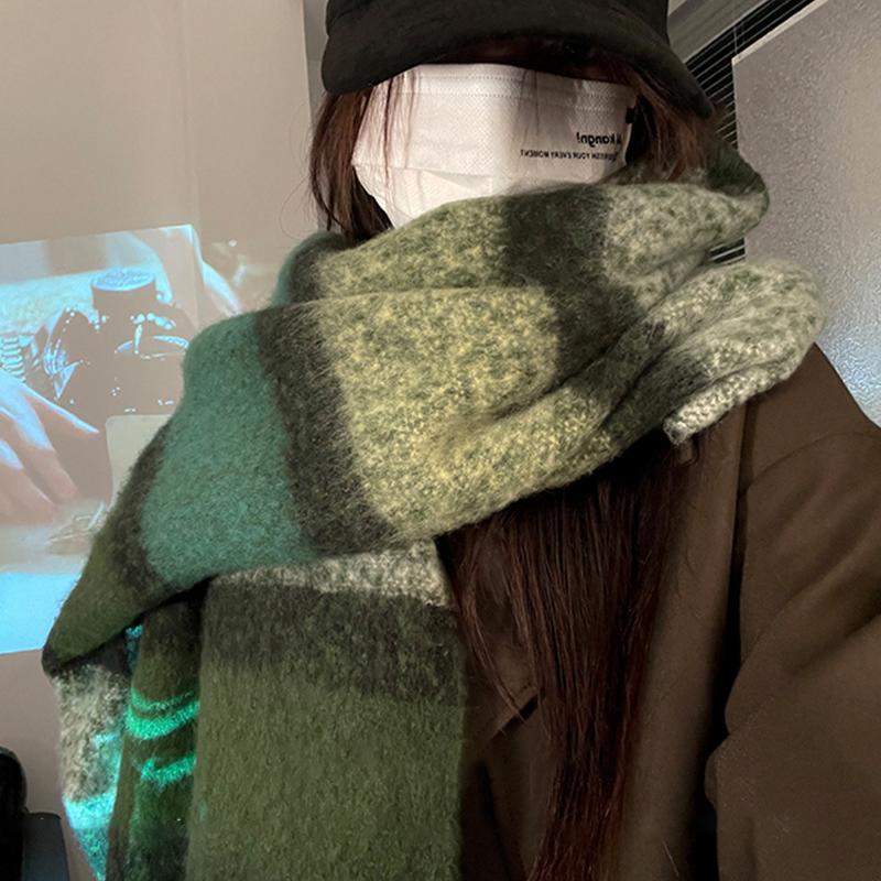 Autumn And Winter  Thickened Mohair Scarf For Women All-Match High-End Tassel Maillard Plaid Warm Neck Scarf
