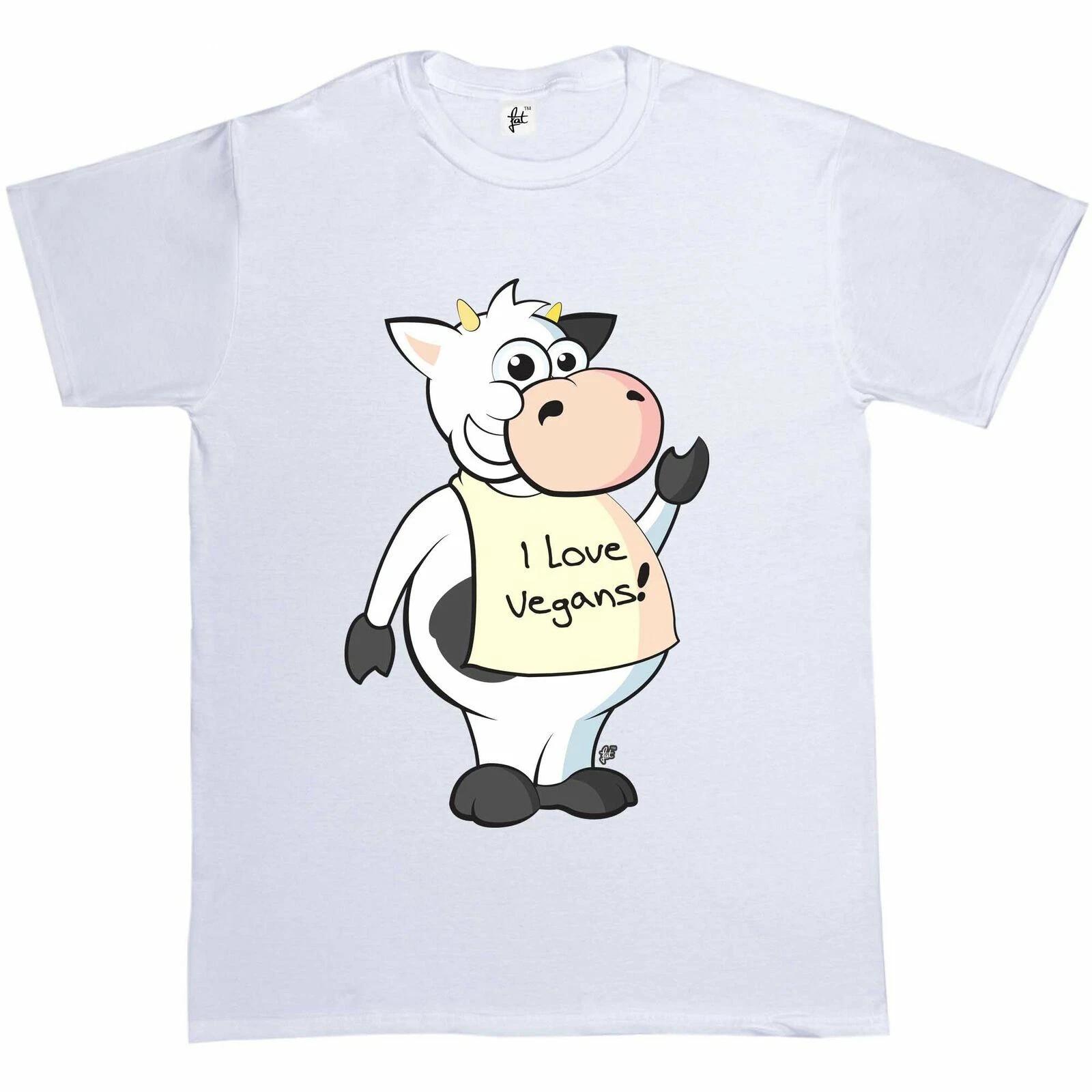 Happy Waving Black & White Cow Wear I Love Vegans Sign Mens T-Shirt S