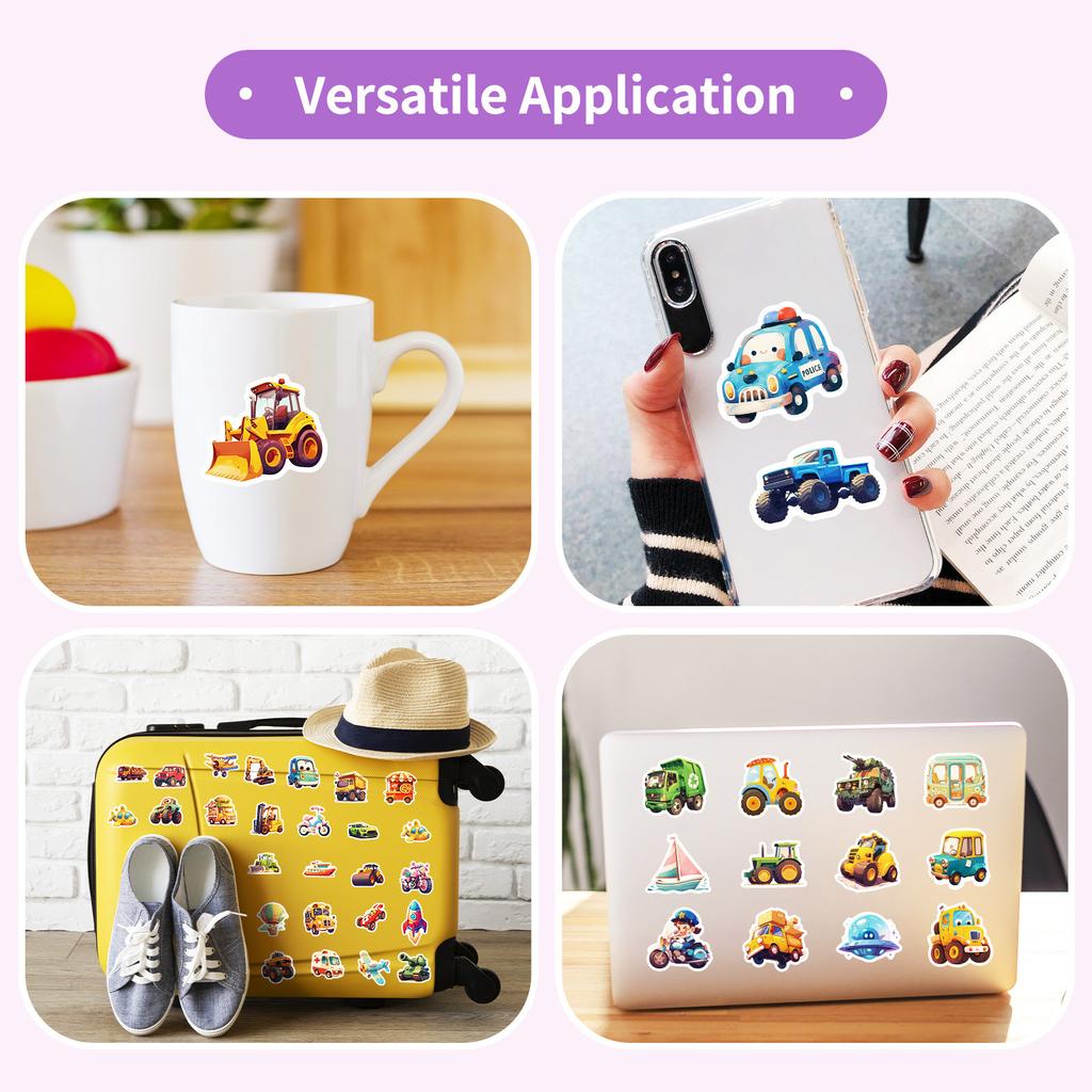 50 New Animation Vehicle Series Stickers Cartoon Truck Excavator Decorative Suitcase Children's Stickers