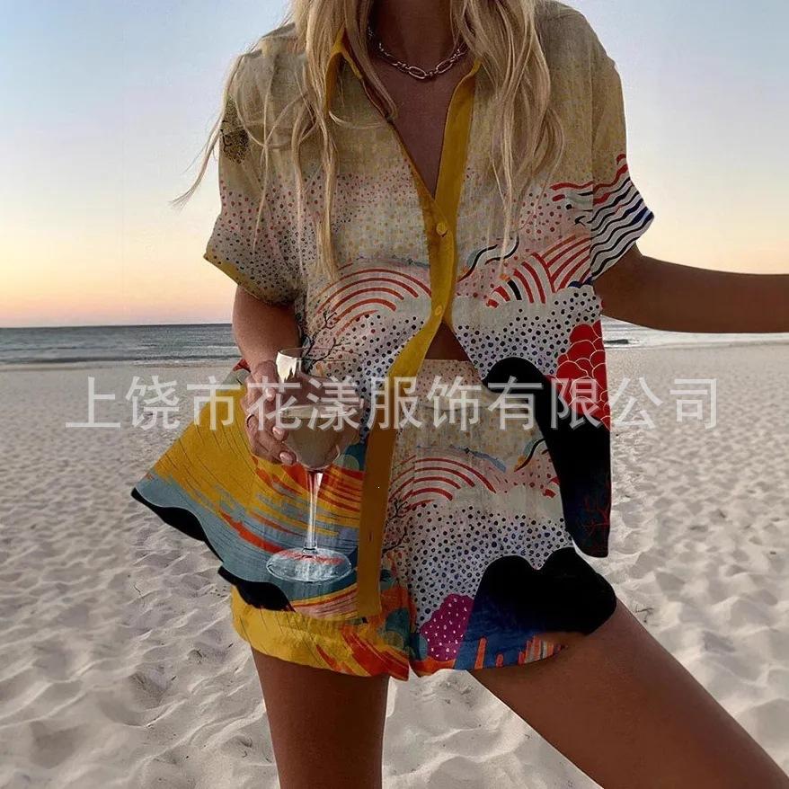 (Imitation Linen) Hot Sale Casual Holiday Shirt Set Beach 1D Printed Shirt Shorts Women's Set