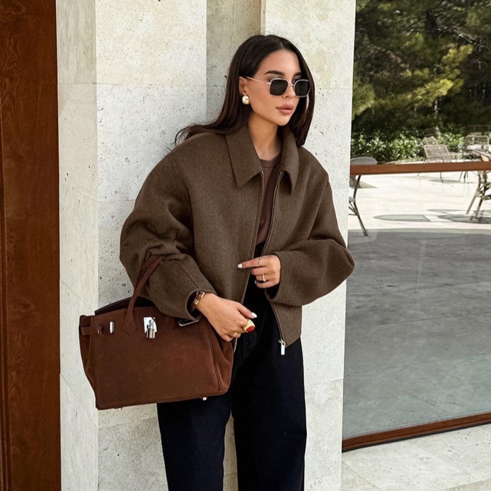 Fashion Brown Zipper Jacket For Women Elegant Lapel Long Sleeve Short Coats Female Vintage Lady Street Outerwear