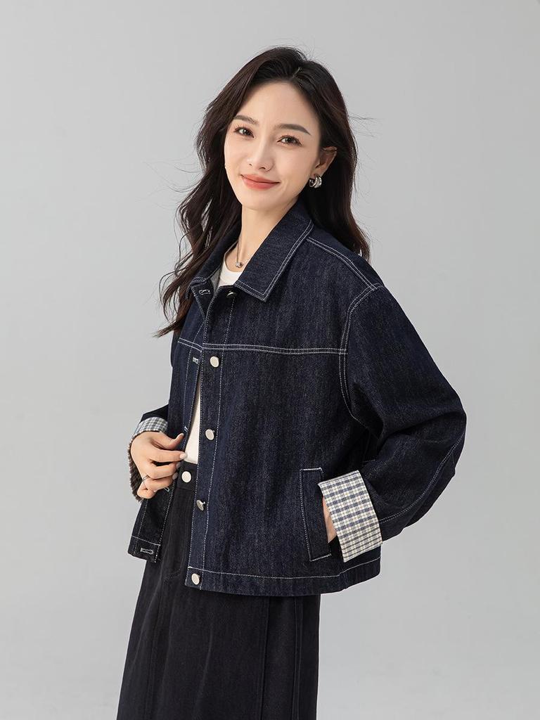 Xin Ge Women's Retro Plaid Patchwork Denim Jacket - Long Sleeve, Drop Shoulder, Casual Fit.